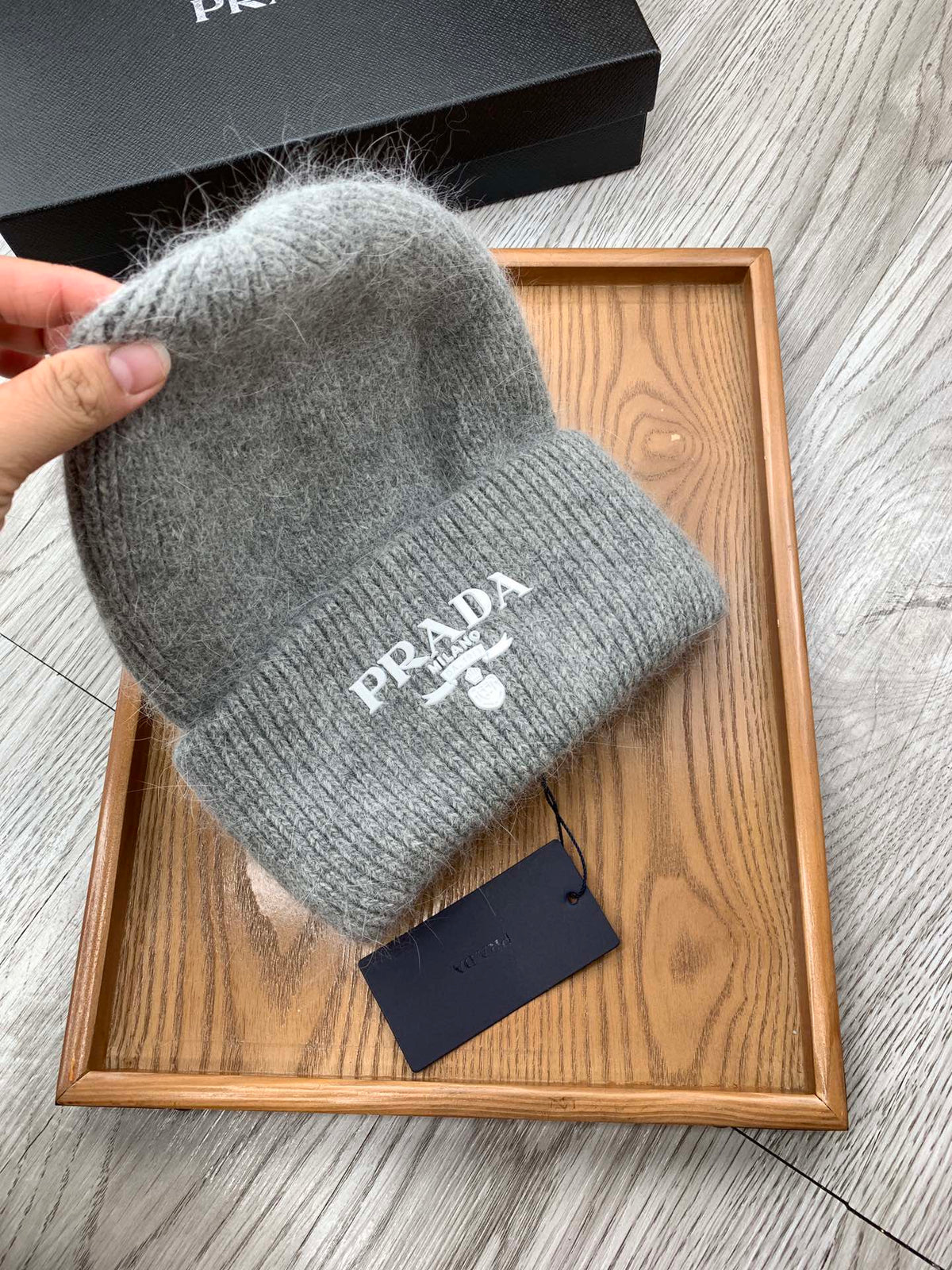 PRADA BEANIE HAT IN DOLPHIN GRAY WOOL 108750