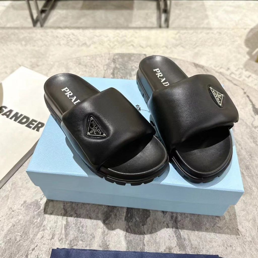 PRADA SHEARLING SLIDES BLACK LAMBSKIN