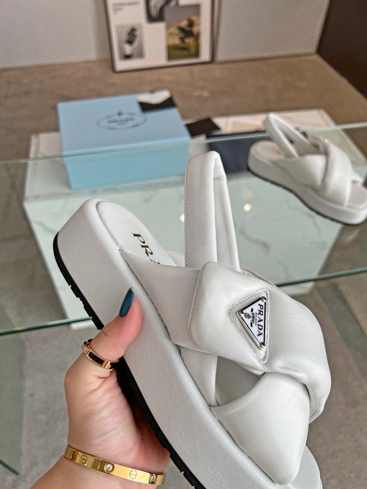PRADA PADDED NAPPA CRISSCROSS SANLS WHITE LAMBSKIN