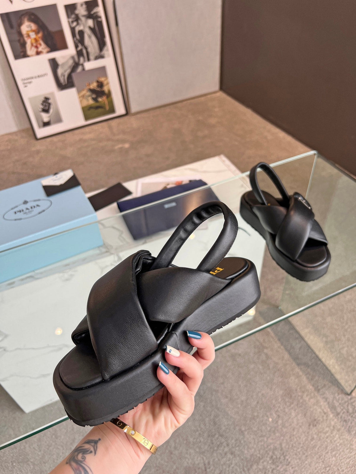 PRADA PADDED NAPPA CRISSCROSS SANLS BLACK LAMBSKIN