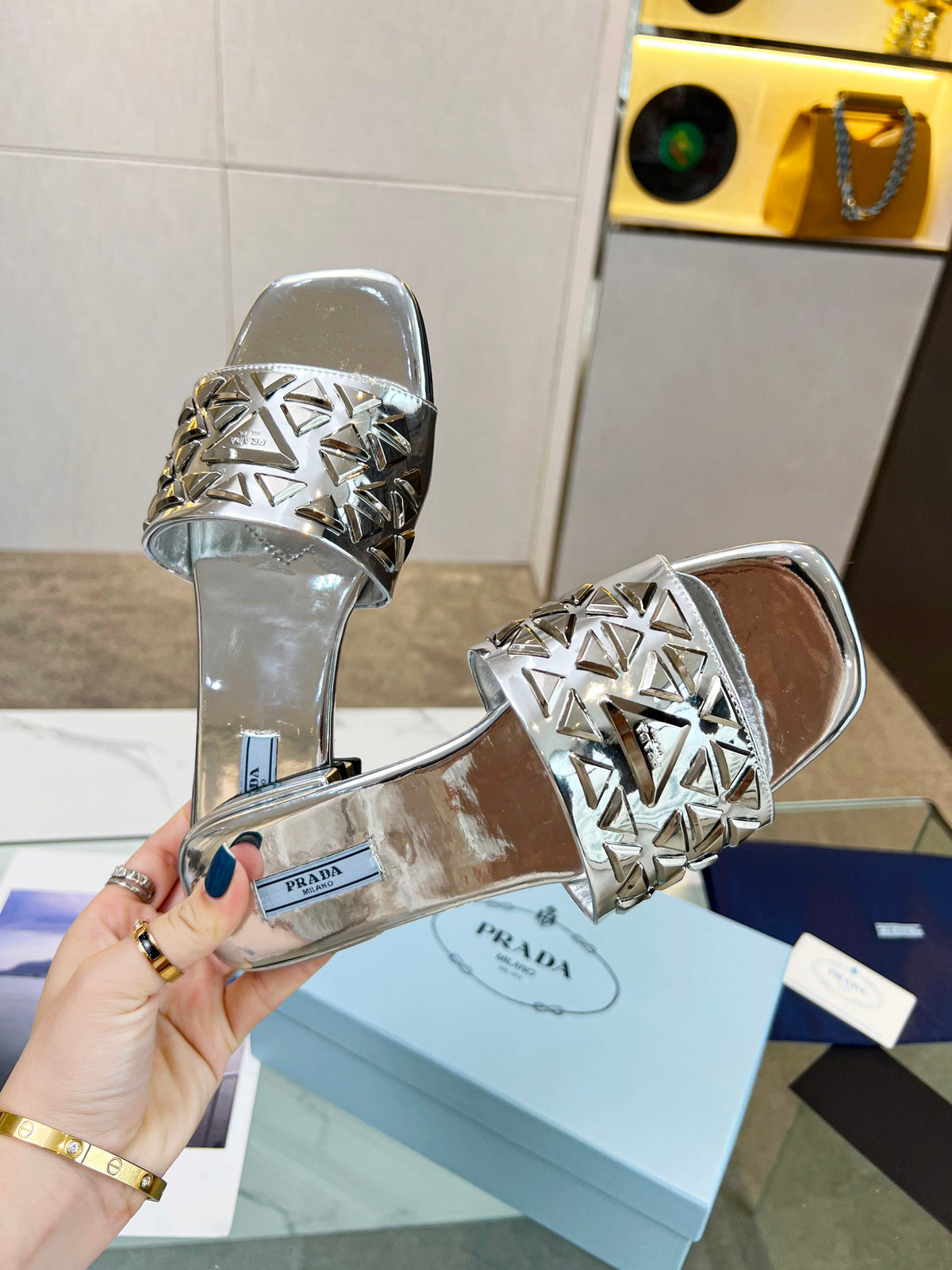 PRADA EMBROIDERED SLIDES FLAT SILVER CALFSKIN