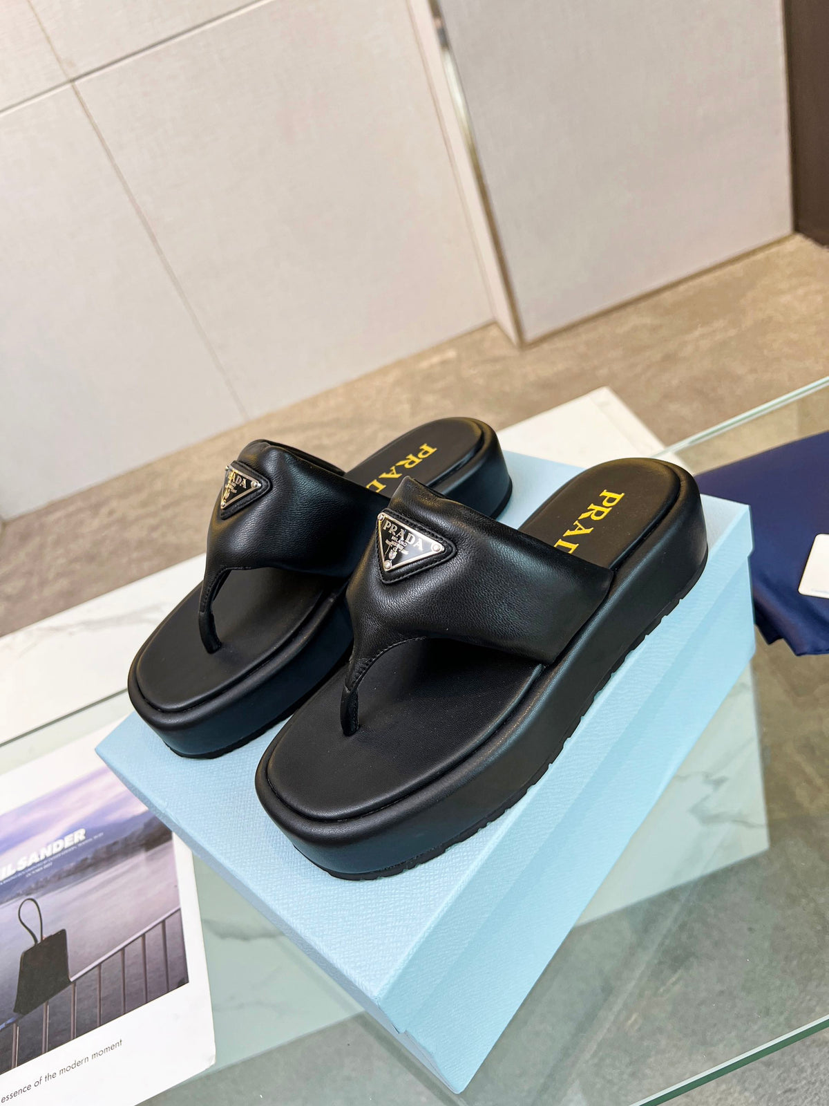PRADA SOFT PADDED NAPPA THONG WEDGE SANLS BLACK LAMBSKIN