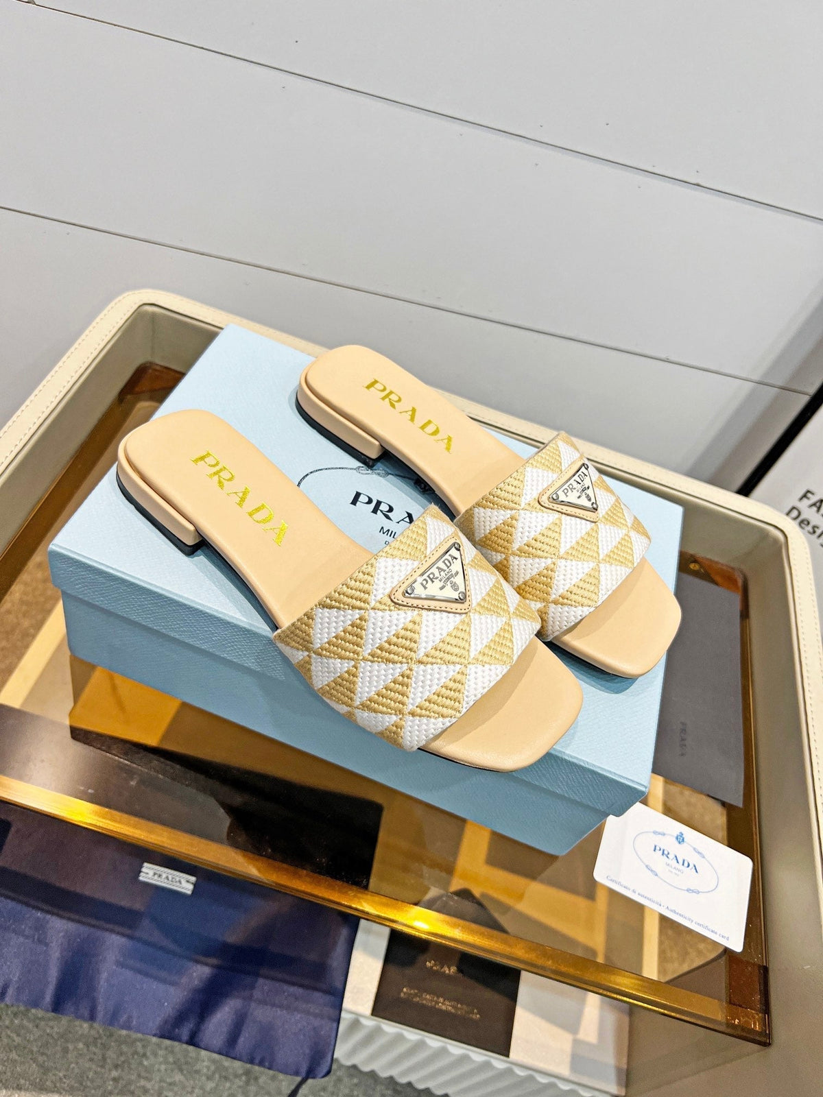 PRADA EMBROIDERED SLIDES FLAT BEIGE FABRIC