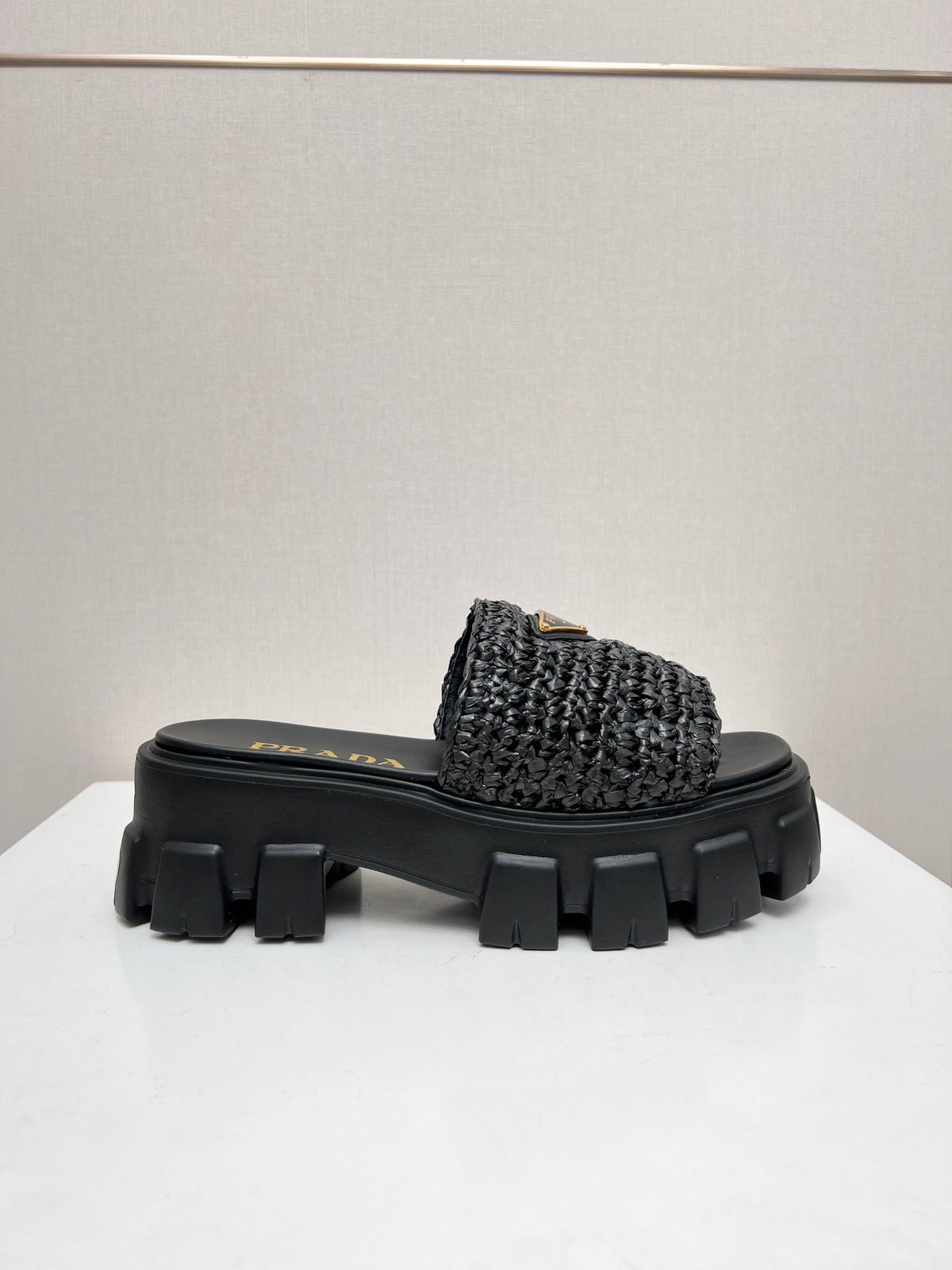 PRADA THICK-SOLED CROCHET SANLS BLACK WOVEN FABRIC