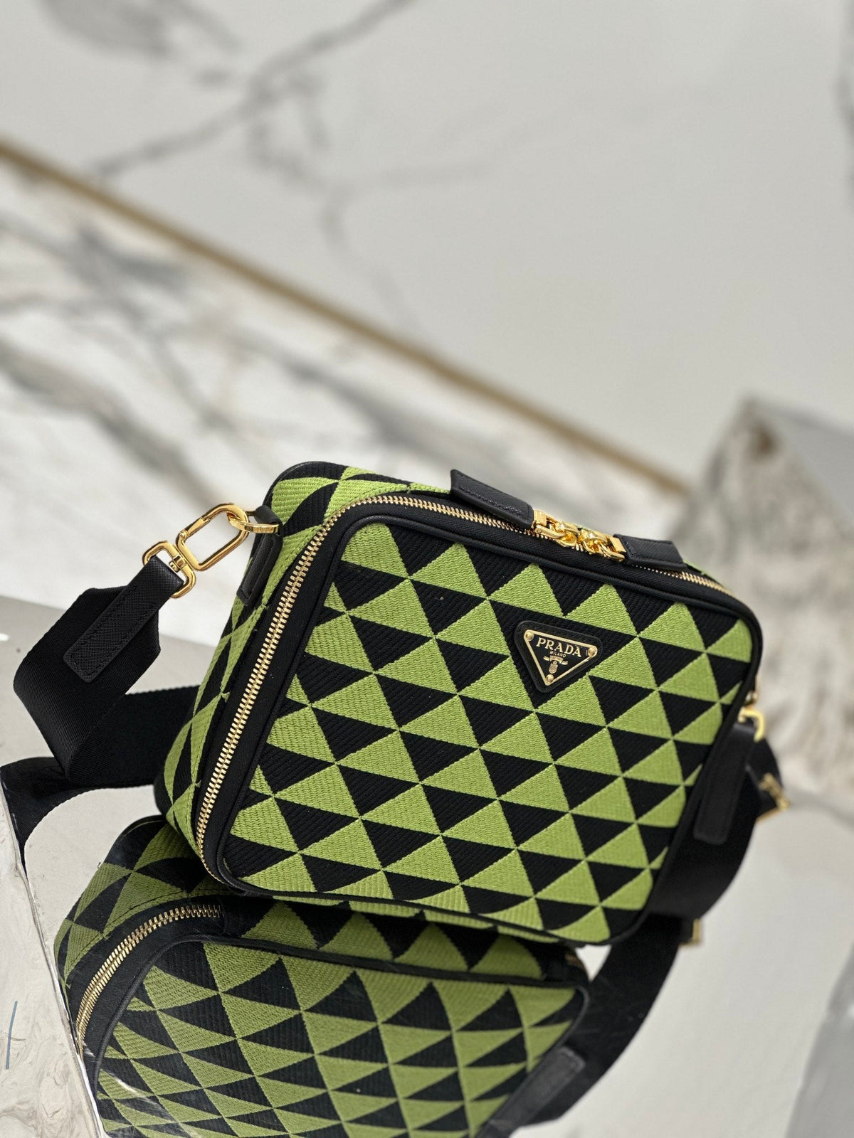 PRADA MESSENGER BAG 22 IN OCADO GREEN AND BLACK EMBROIDERED FABRIC GOLD HARDWARE