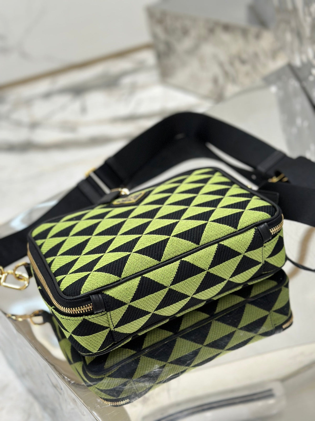 PRADA MESSENGER BAG 22 IN OCADO GREEN AND BLACK EMBROIDERED FABRIC GOLD HARDWARE