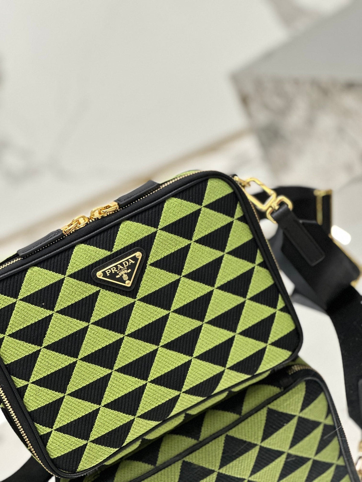 PRADA MESSENGER BAG 22 IN OCADO GREEN AND BLACK EMBROIDERED FABRIC GOLD HARDWARE