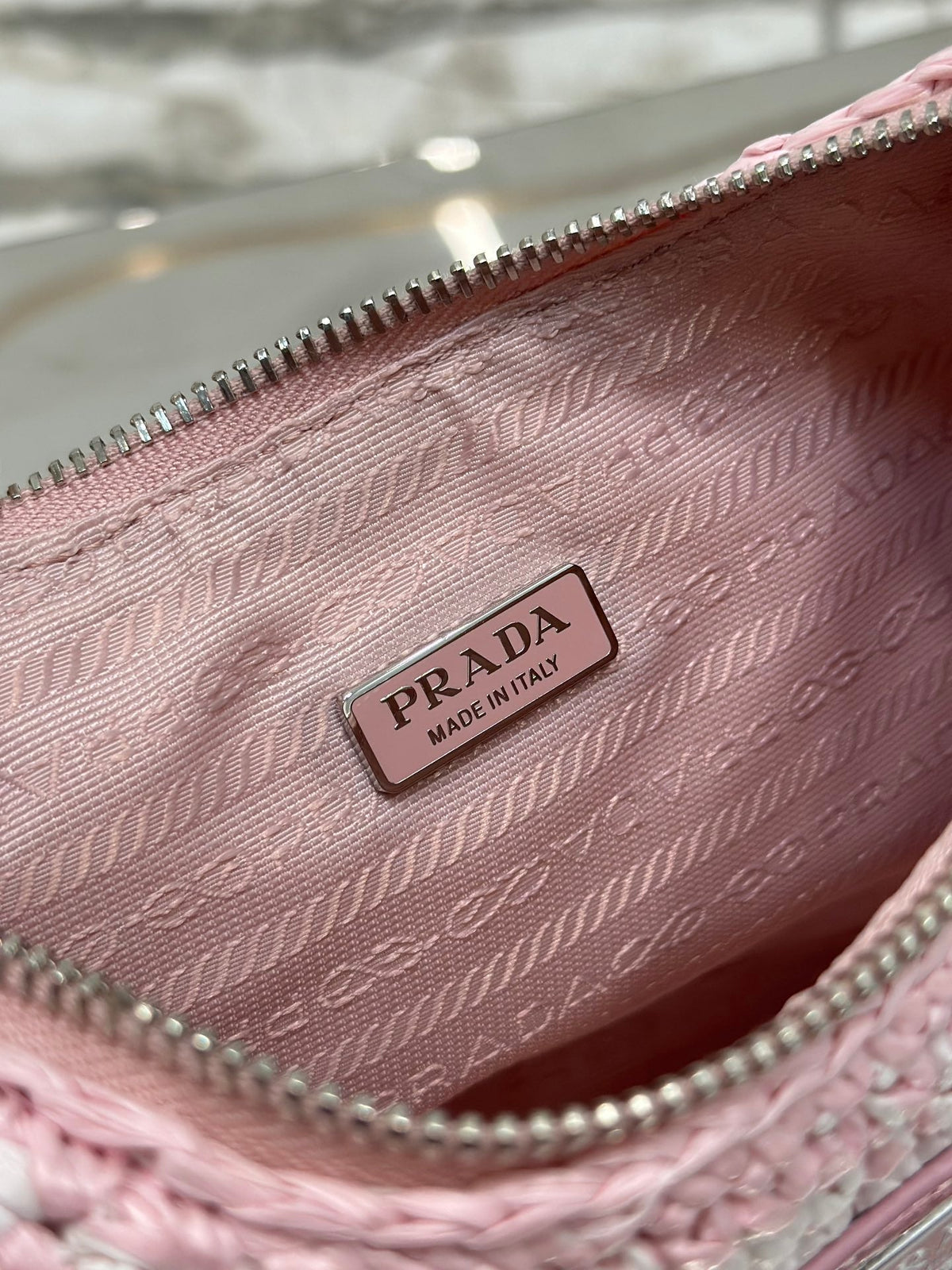 PRADA CROCHET HOBO BAG 22 IN PINK MIX WHITE RAFFIA SILVER HARDWARE
