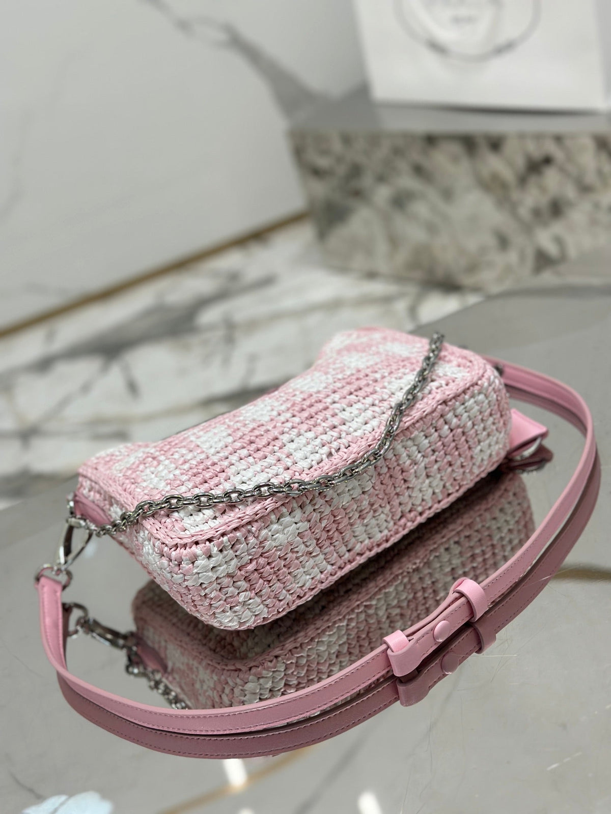 PRADA CROCHET HOBO BAG 22 IN PINK MIX WHITE RAFFIA SILVER HARDWARE