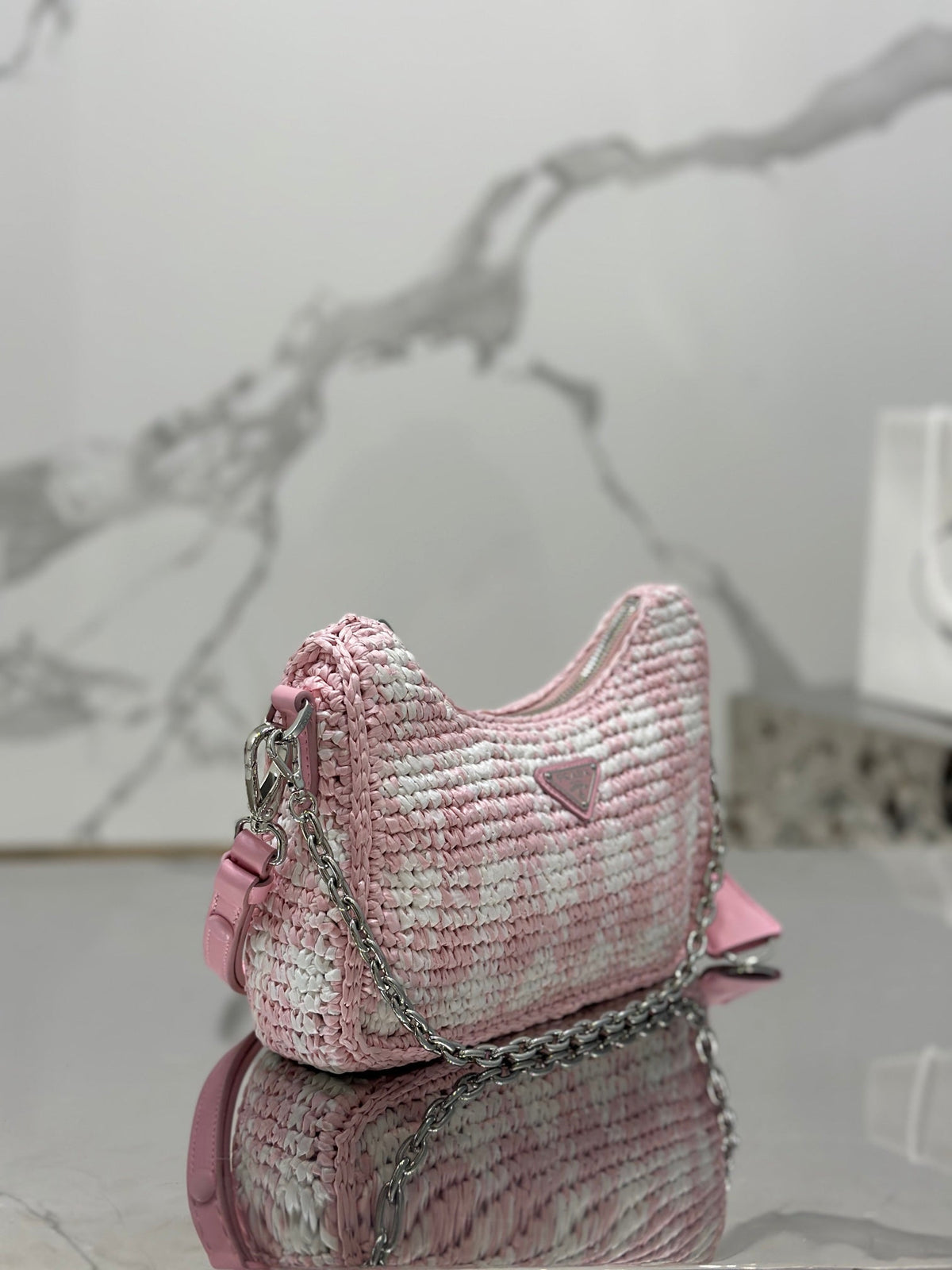 PRADA CROCHET HOBO BAG 22 IN PINK MIX WHITE RAFFIA SILVER HARDWARE