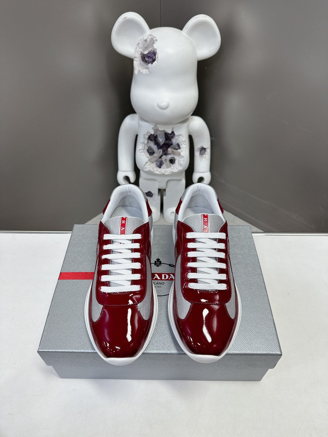 PRADA SNEAKERS IN BURDUNDY RED CALFSKIN AND MESH