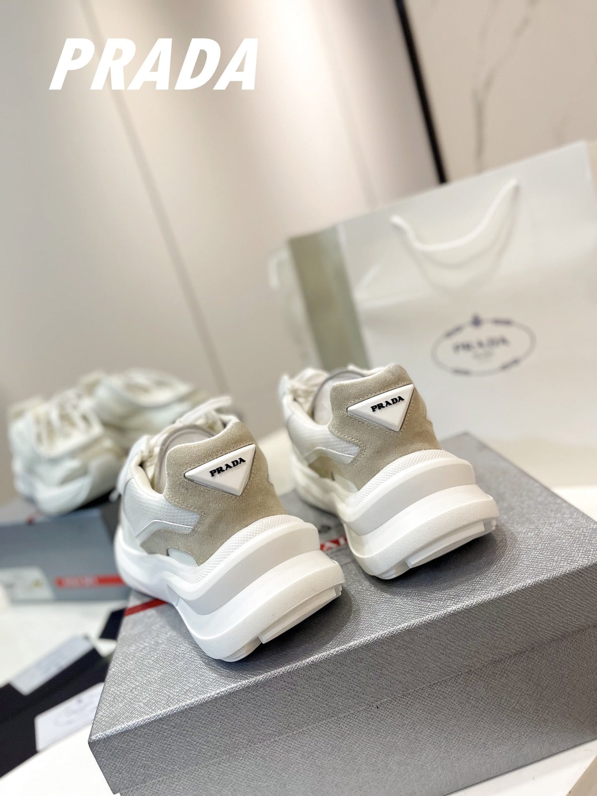 PRADA SYSTEME BRUSHED SNEAKERS WHITE CALFSKIN