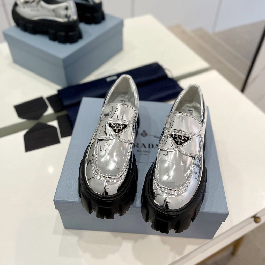 PRADA BRUSHED LEATHER MONOLITH LOAFERS SILVER