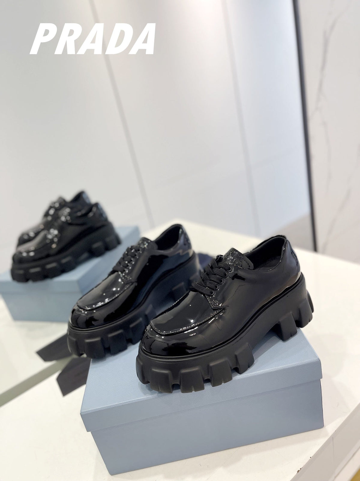 PRADA BRUSHED LEATHER MONOLITH LACE-UP LOAFERS GLOSSY BLACK
