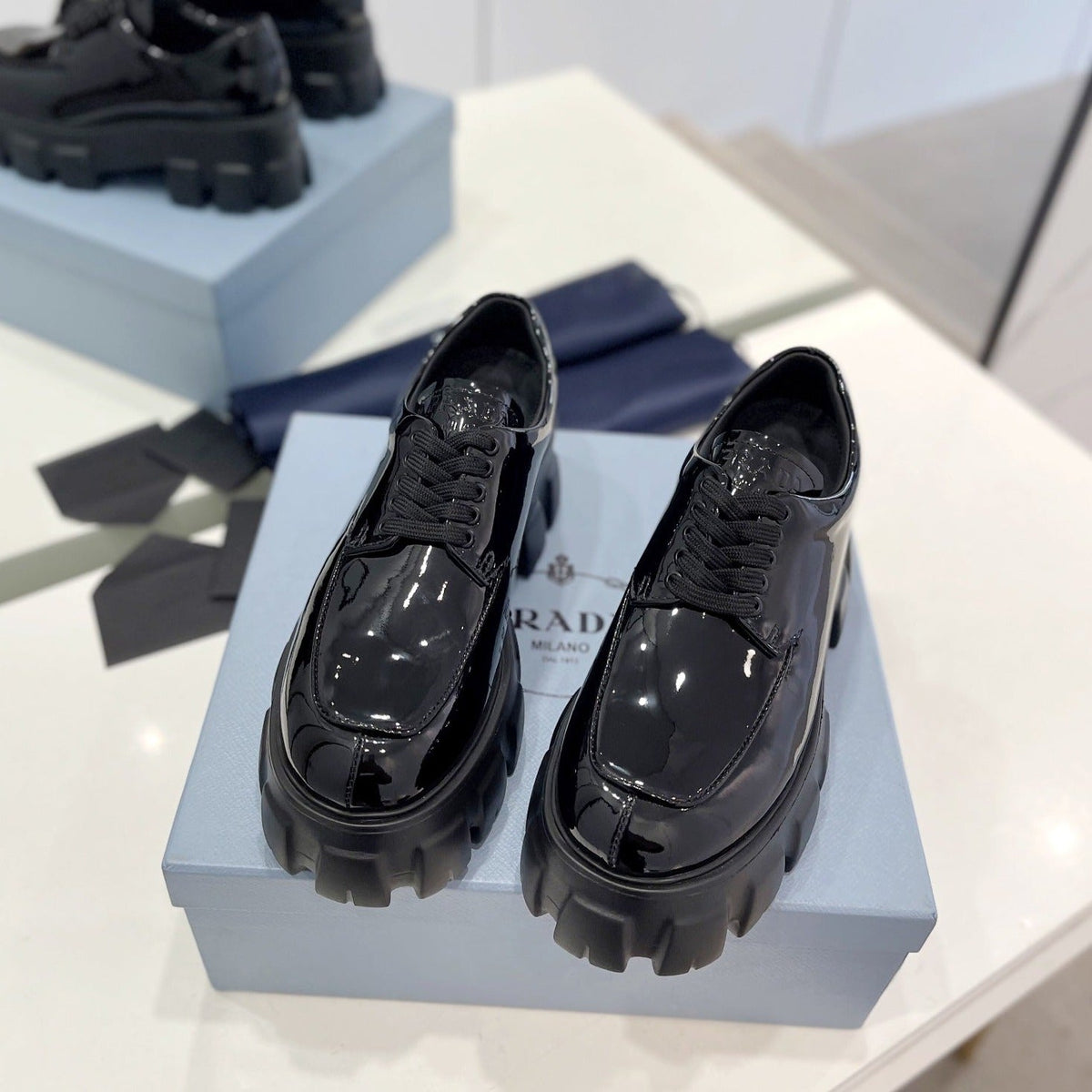 PRADA BRUSHED LEATHER MONOLITH LACE-UP LOAFERS GLOSSY BLACK