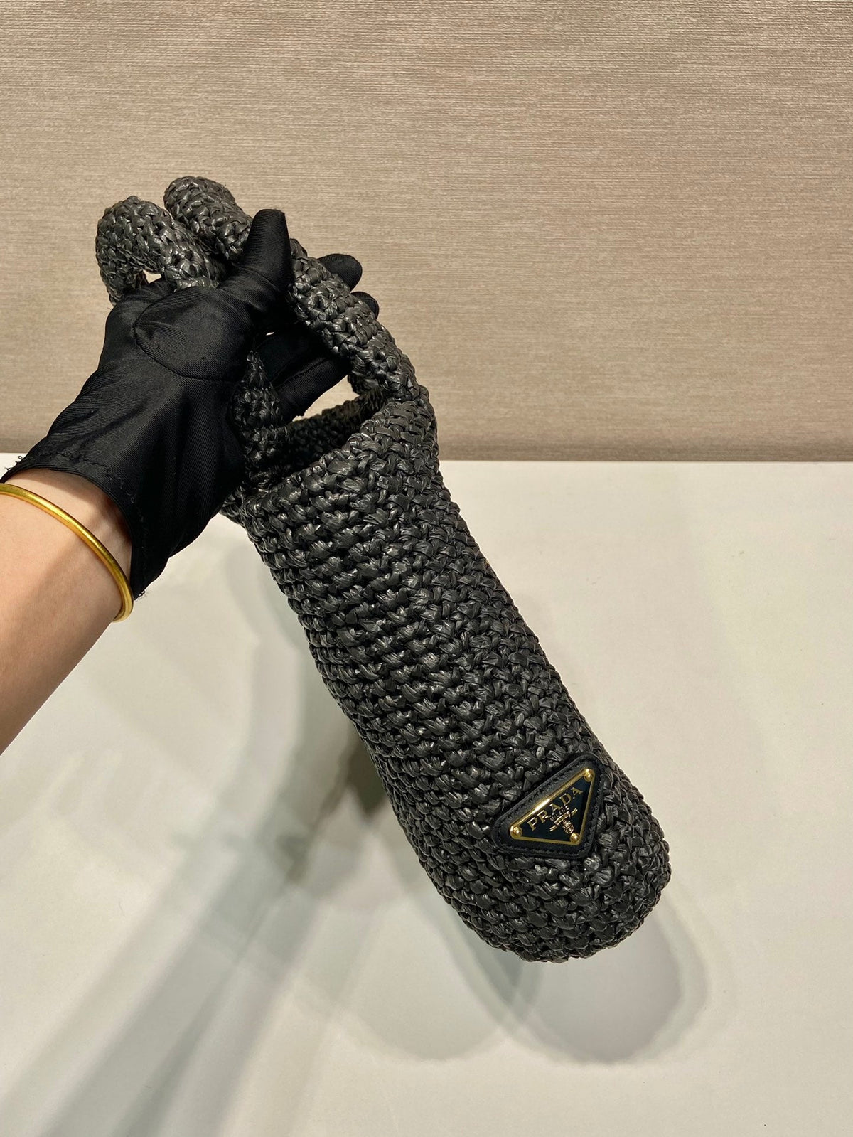 PRADA SMALL CROCHET TOTE BAG 24 IN BLACK MIX YELLOW RAFFIA