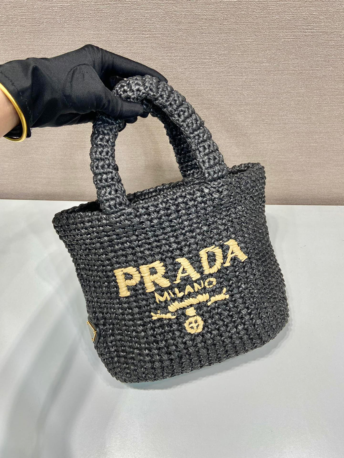 PRADA SMALL CROCHET TOTE BAG 24 IN BLACK MIX YELLOW RAFFIA