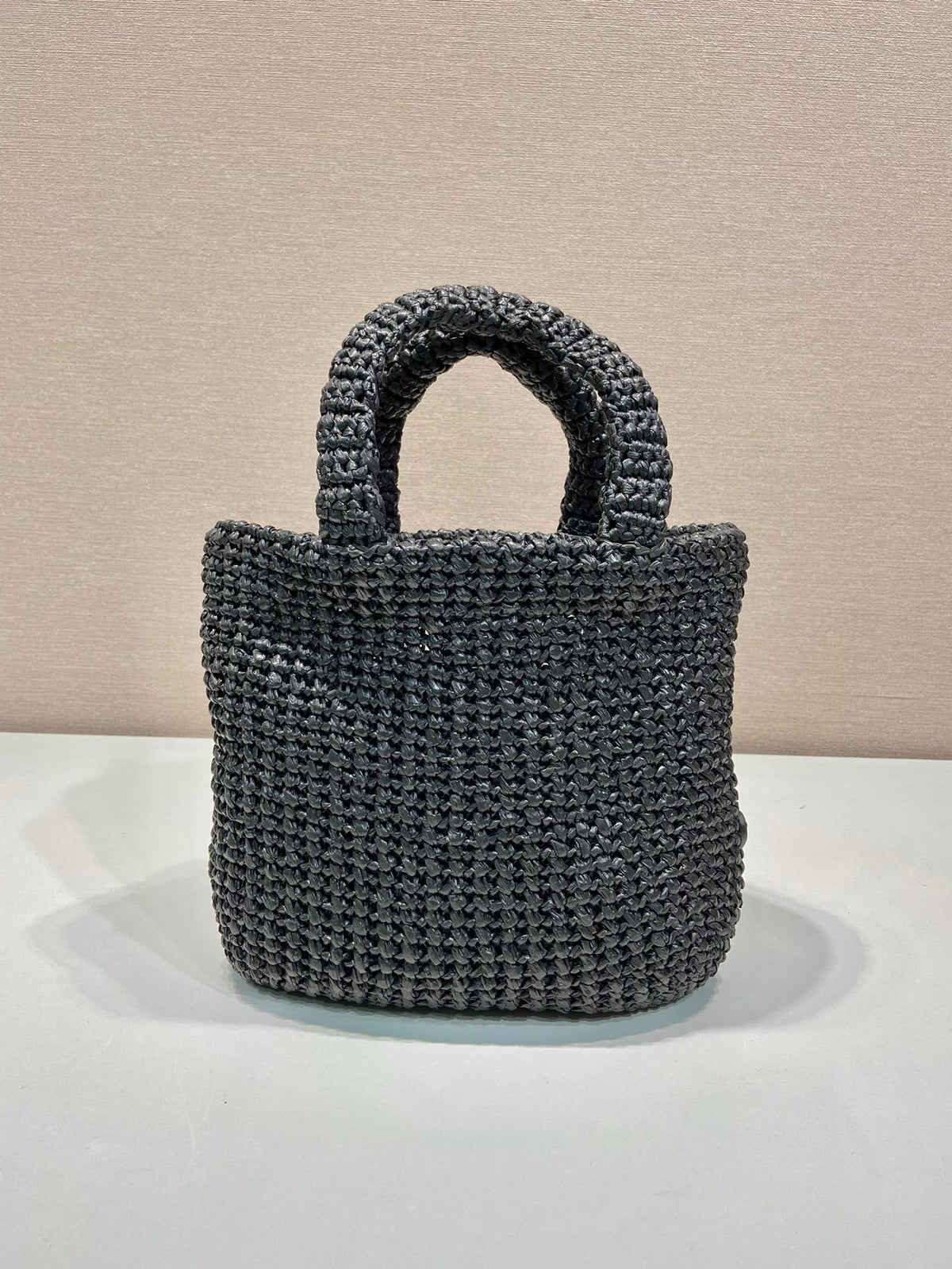 PRADA SMALL CROCHET TOTE BAG 24 IN BLACK MIX YELLOW RAFFIA