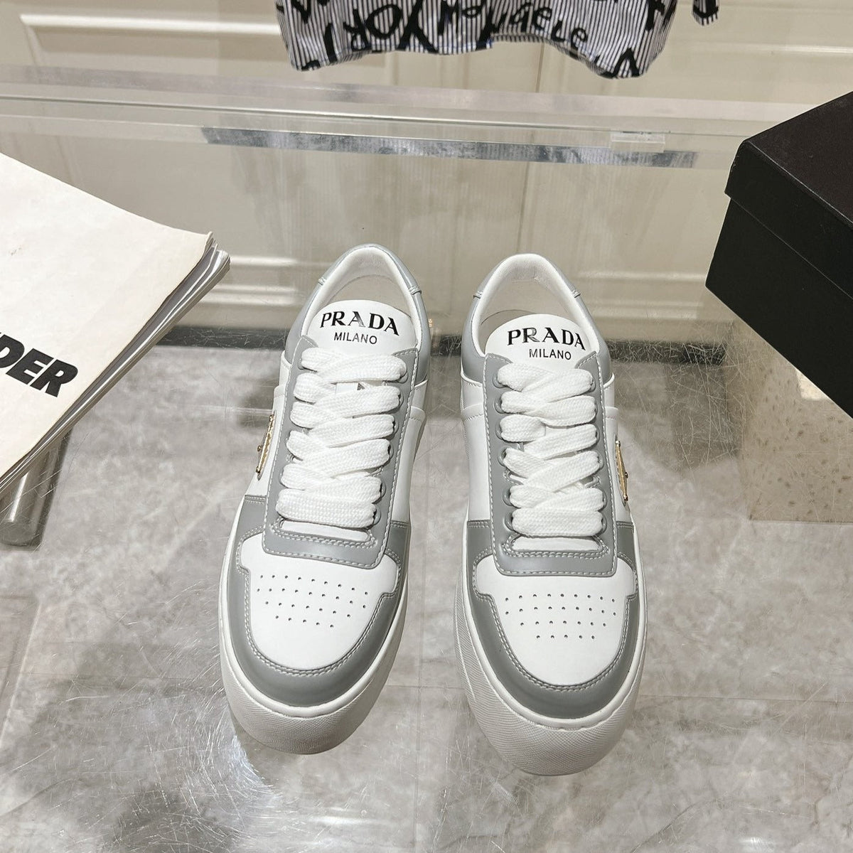 PRADA DOWNTOWN BOLD SNEAKERS WHITE AND LIGHT GRAY CALFSKIN