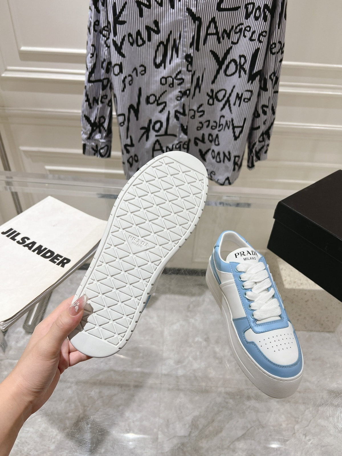 PRADA DOWNTOWN BOLD SNEAKERS WHITE AND SKY CALFSKIN