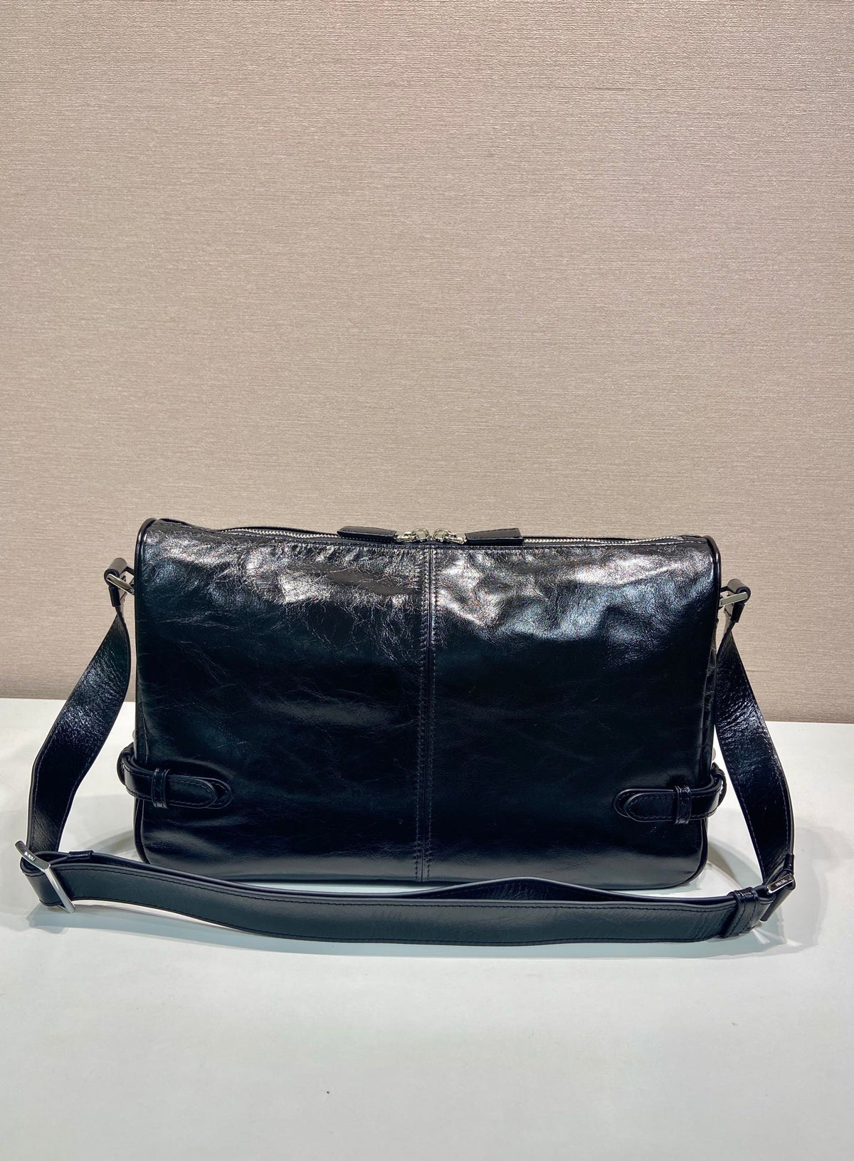 PRADA HOBO BAG 35 IN BLACK OIL WAX LAMBSKIN SILVER LOGO