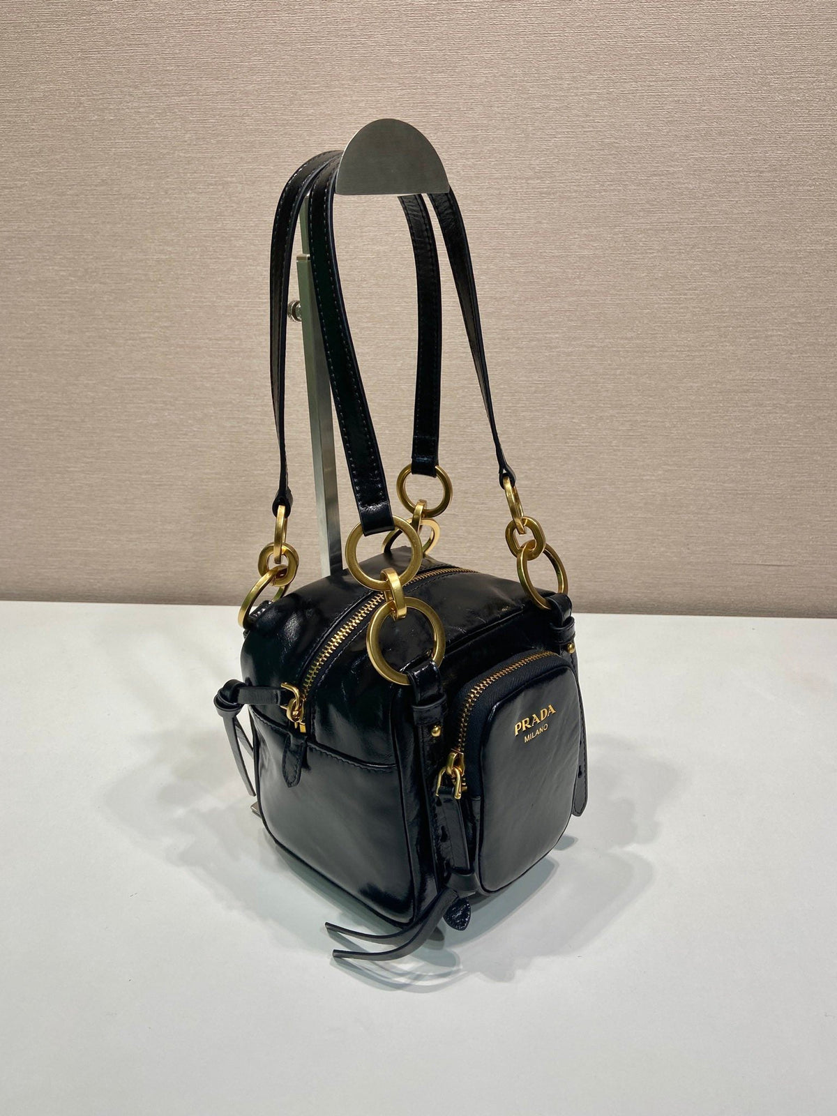 PRADA SMALL RECTANGULAR BAG 14 IN BLACK OIL WAX LAMBSKIN GOLD HARDWARE