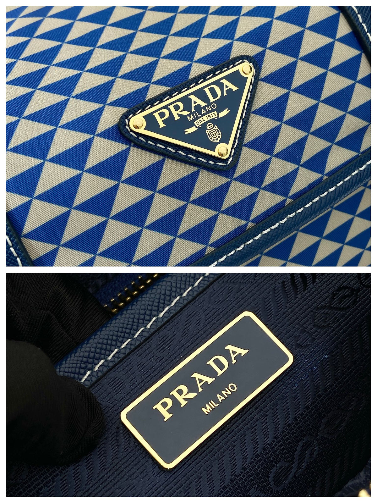 PRADA MESSENGER BAG 25 IN BLUE MIX WHITE TRIANGLE PATTERN EMBROIDERED FABRIC