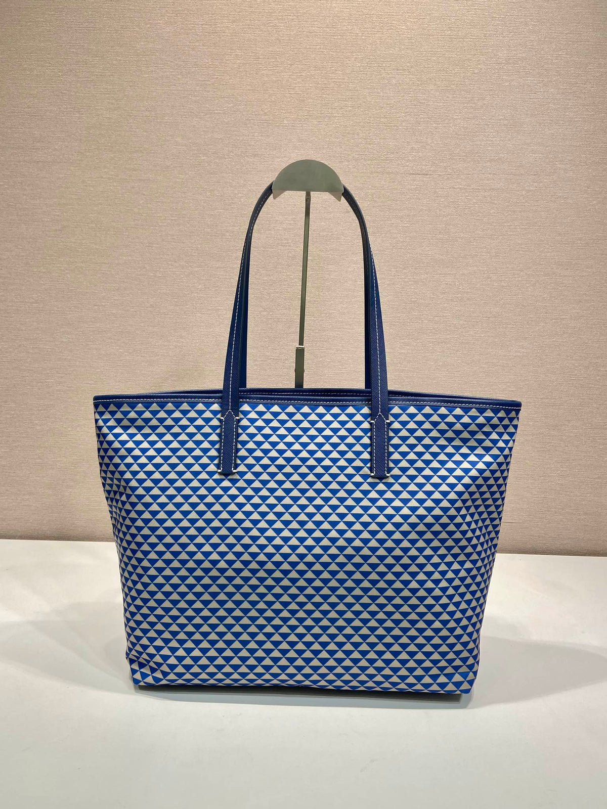PRADA TOTE BAG 33 IN BLUE MIX WHITE TRIANGLE PATTERN EMBROIDERED FABRIC
