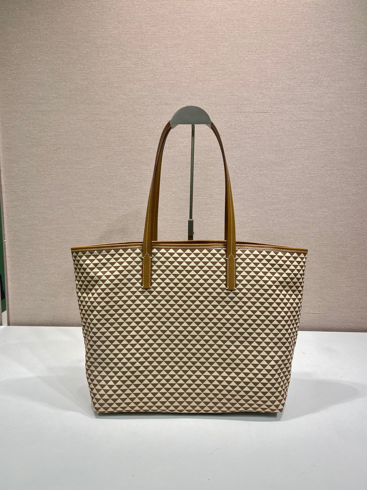 PRADA TOTE BAG 33 IN BROWN MIX CREAM TRIANGLE PATTERN EMBROIDERED FABRIC