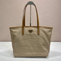 PRADA TOTE BAG 33 IN BROWN MIX CREAM TRIANGLE PATTERN EMBROIDERED FABRIC