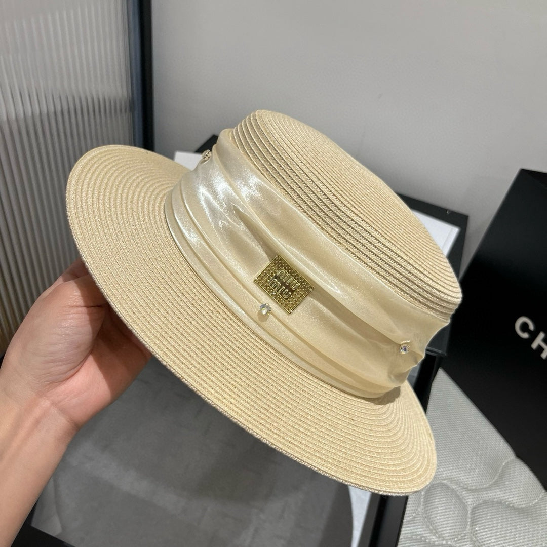 MM STRAW HAT IN LIGHT BEIGE WITH RHINESTONE EMBELLISHED
