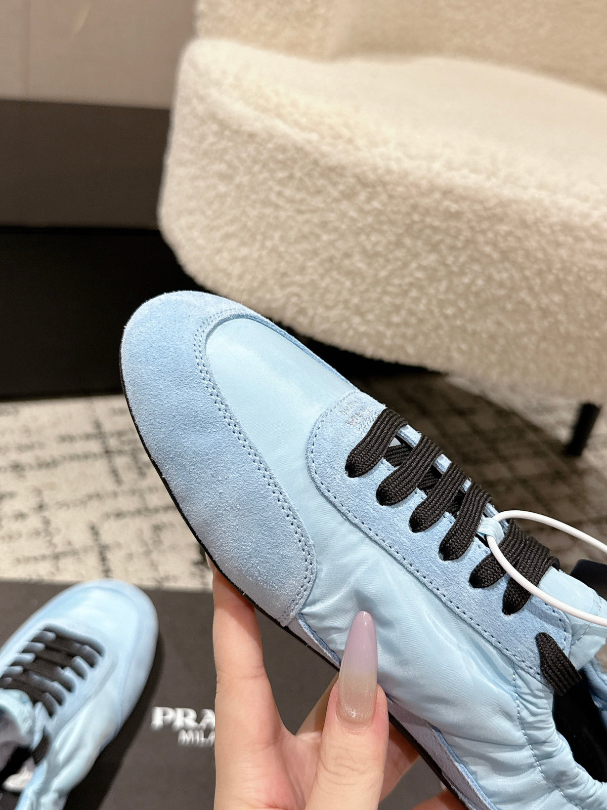 PRADA 25S COLLAPSE SNEAKERS IN LIGHT BLUE RE NYLON AND SUEDE