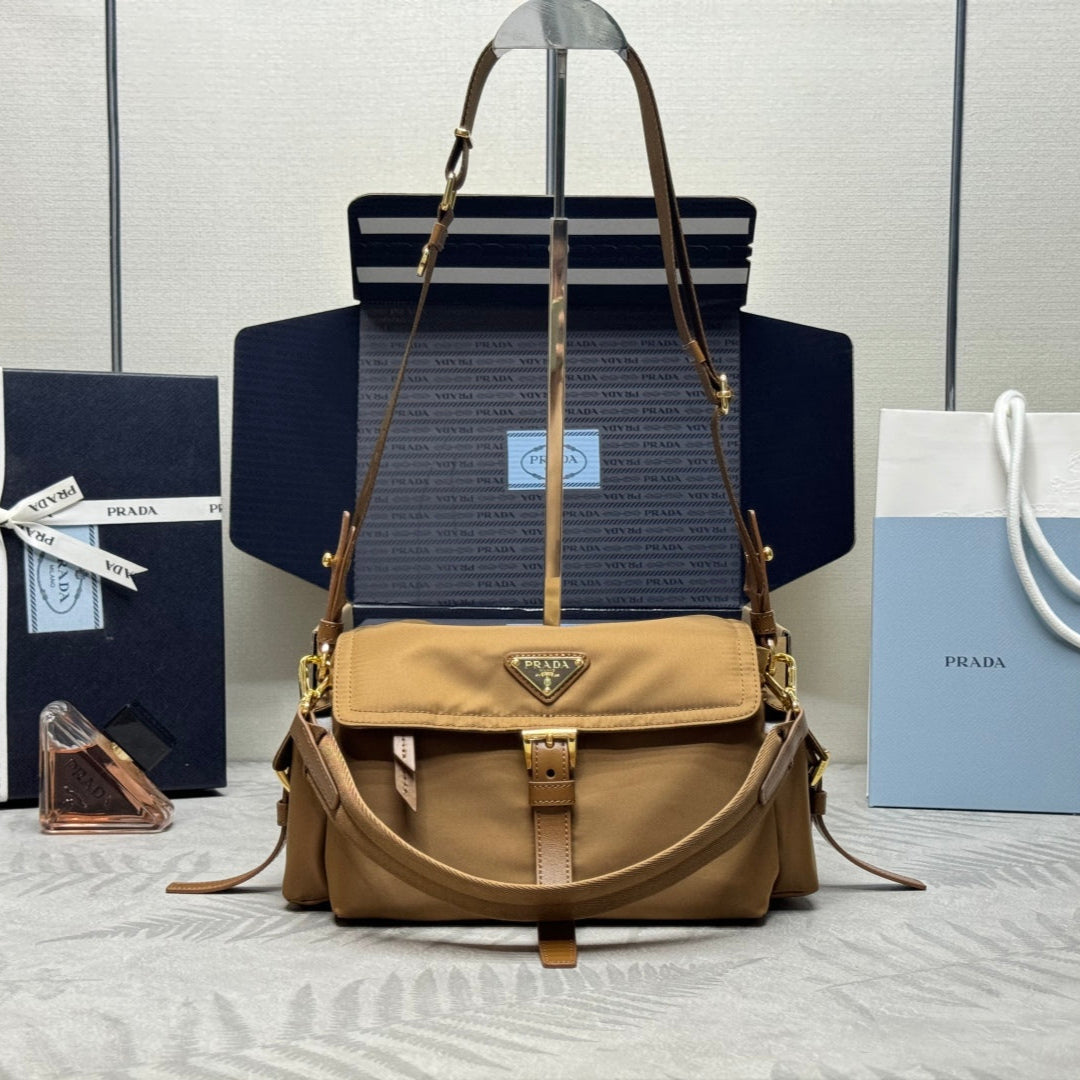 PRADA 25S EXPLORE LARGE SHOULDER BAG 30 IN CARAMEL RE-NYLON WITH FLAP