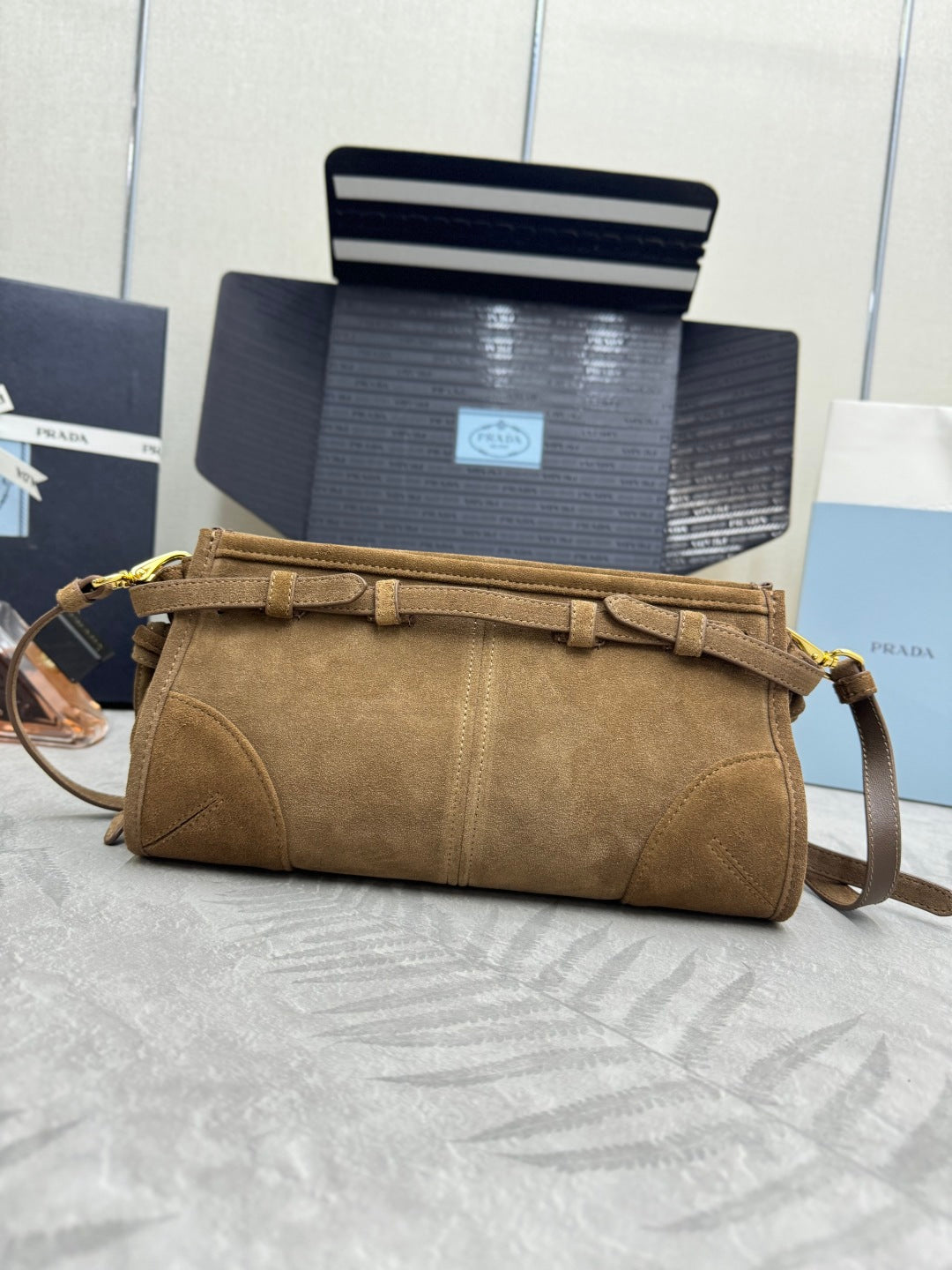 PRADA 25S BONNIE SMALL SHOULDER BAG 26 IN BROWN SUEDE GOLD HARDWARE