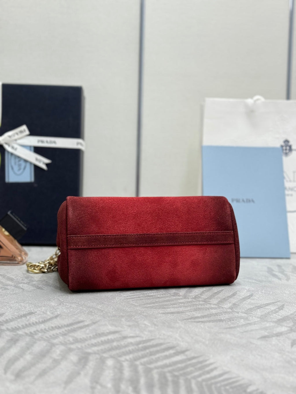 PRADA 25S ENCHAINE MINI BAG 22 IN RUBY RED SUEDE GOLD HARDWARE