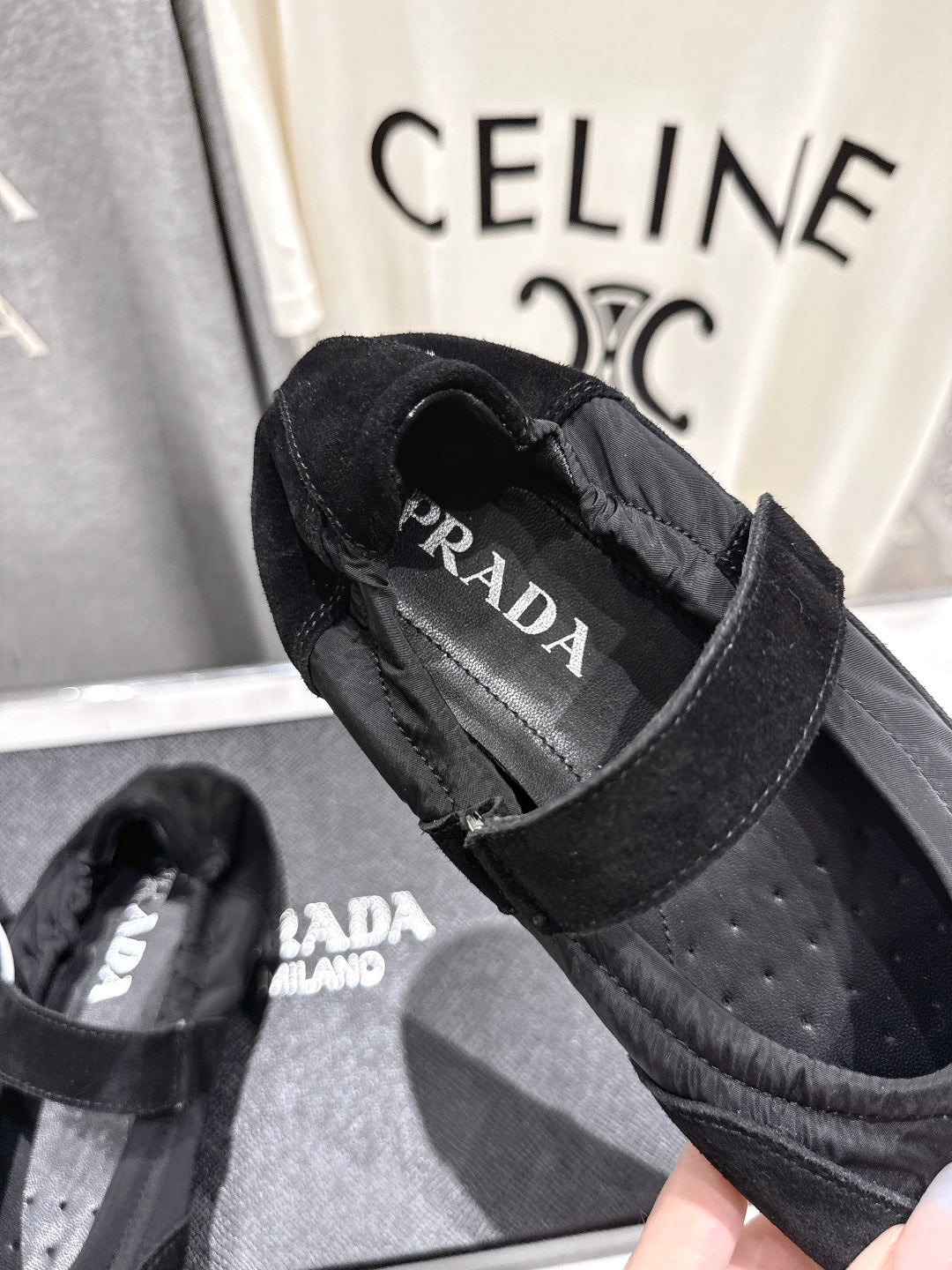 PRADA 25S COLLAPSE RE NYLON AND SUEDE BALLERINAS IN BLACK