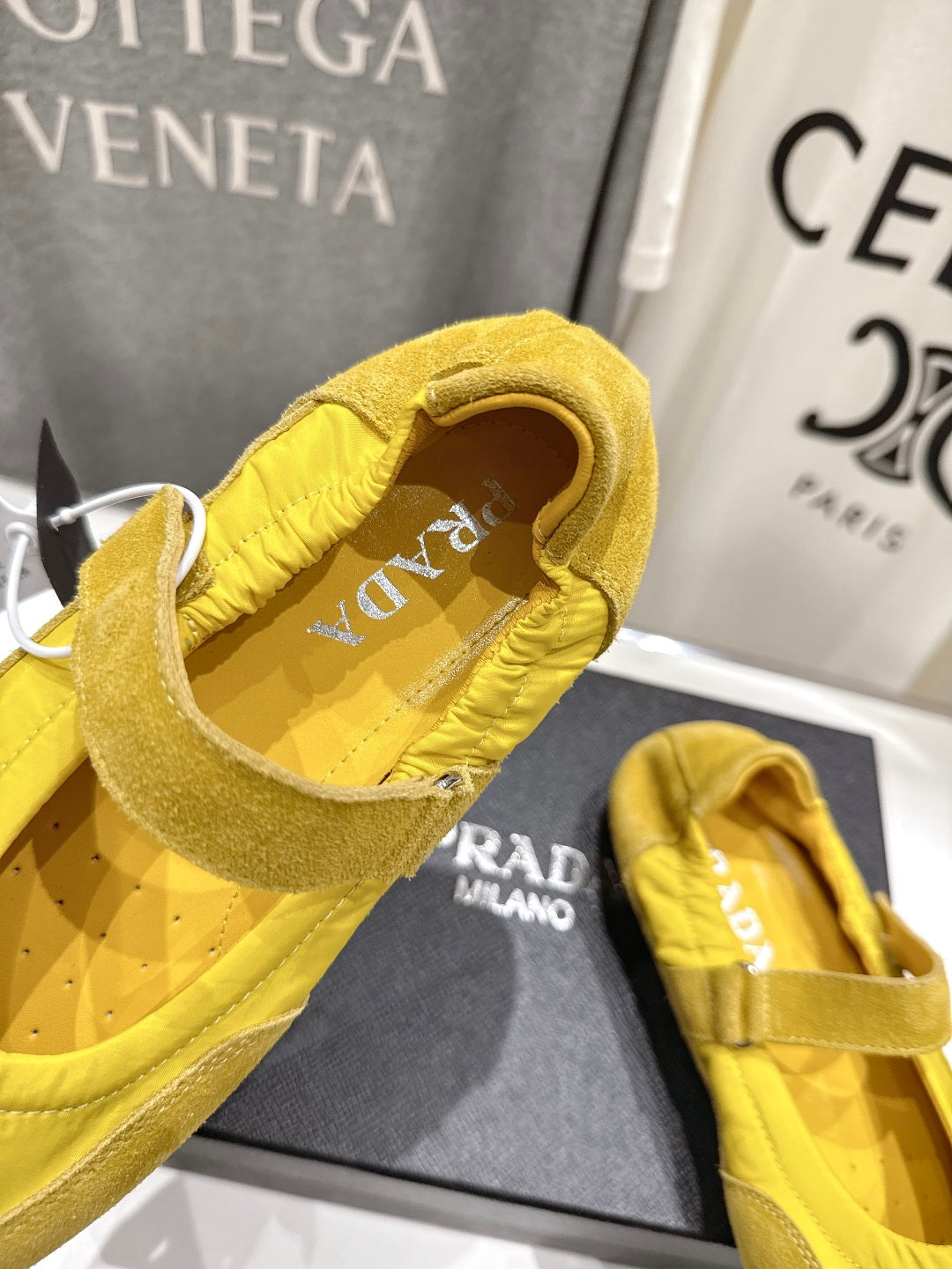 PRADA 25S COLLAPSE RE NYLON AND SUEDE BALLERINAS IN LEMON YELLOW
