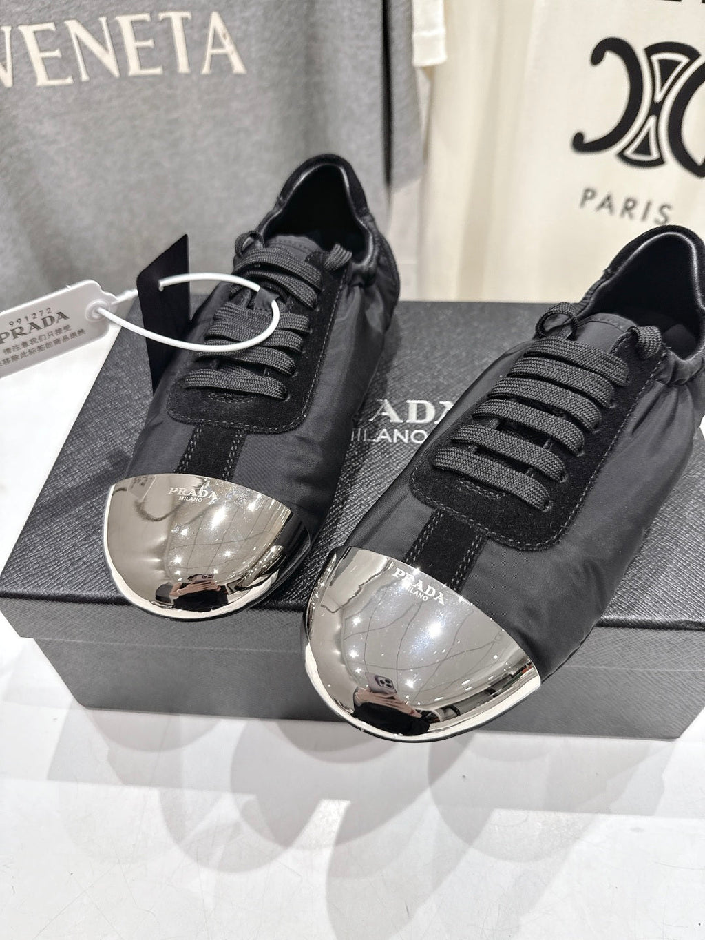 PRADA 25S COLLAPSE RE NYLON AND SUEDE SNEAKERS IN BLACK WITH METAL TOECAP