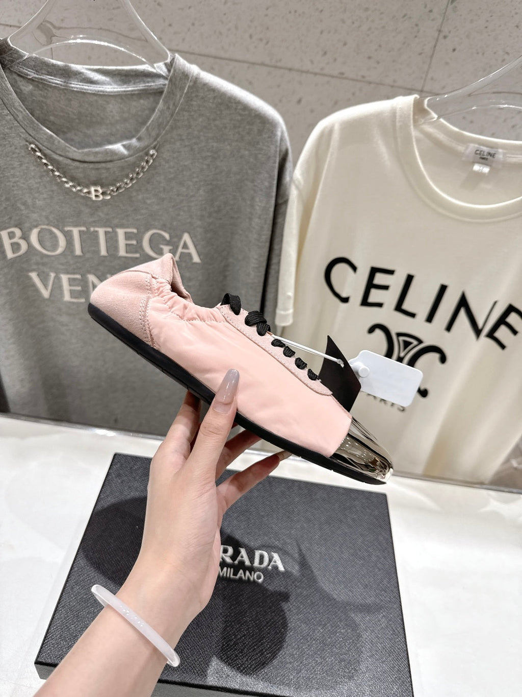 PRADA 25S COLLAPSE RE NYLON AND SUEDE SNEAKERS IN LIGHT PINK WITH METAL TOECAP
