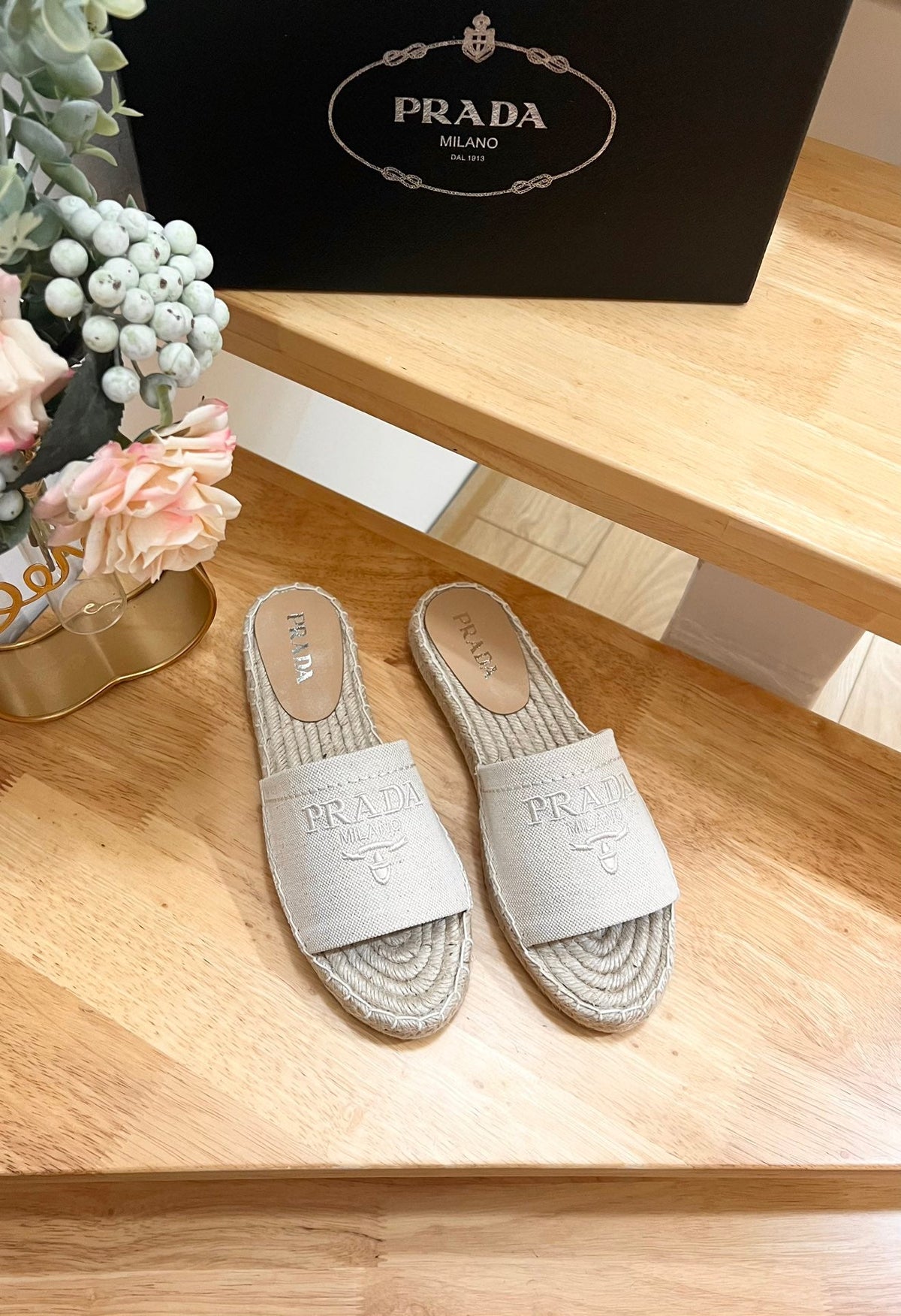 PRADA Pra Slide 20 Beige Velvet Sole Raffia