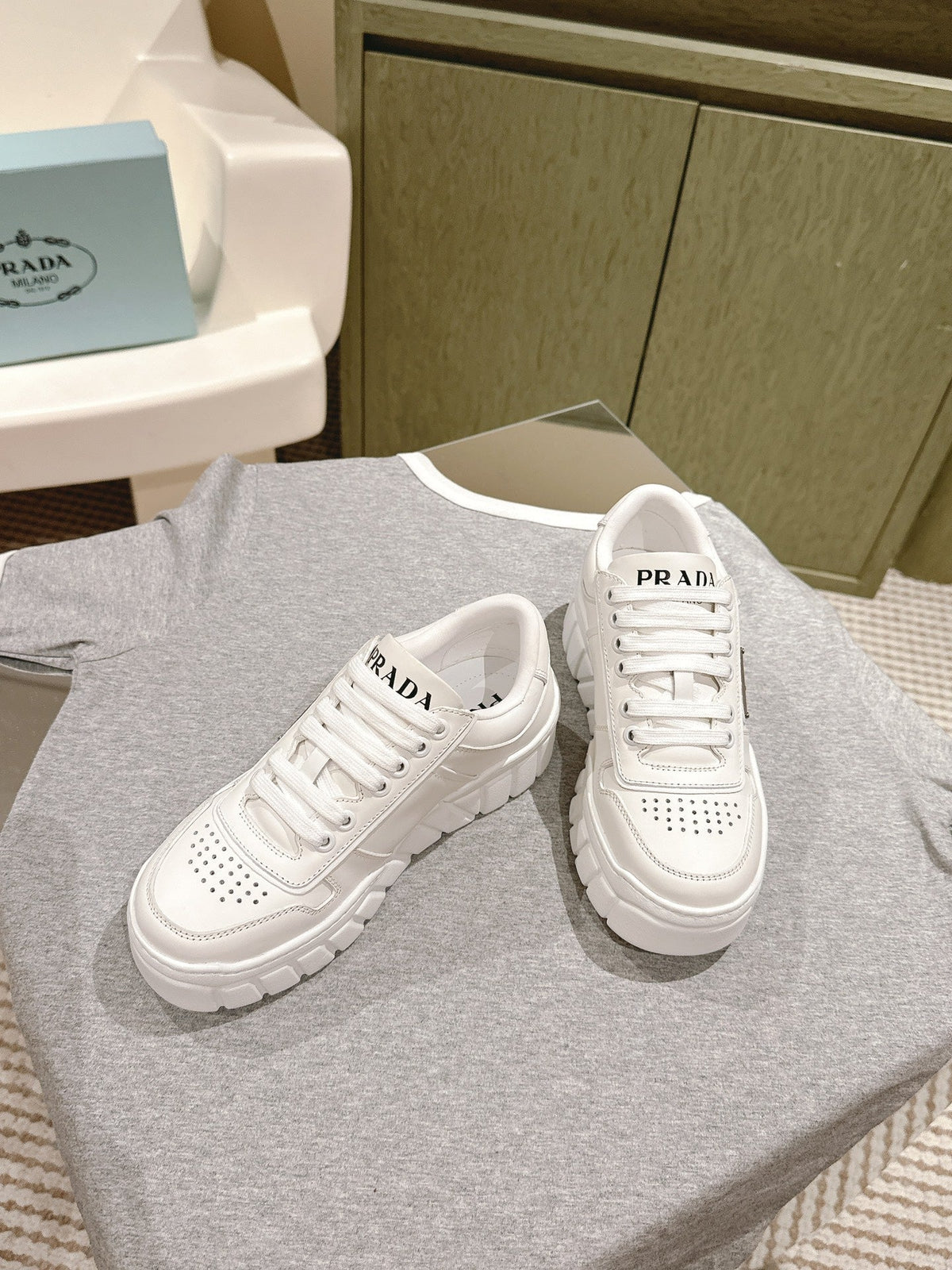 PRADA FLATFORM SNEAKERS WHITE CALFSKIN