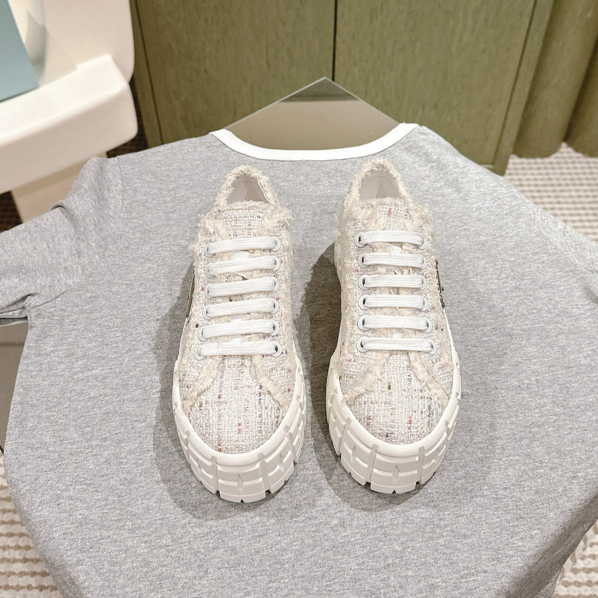 PRADA DOUBLE WHEEL RE-NYLON GABARDINE SNEAKERS BEIGE FABRIC