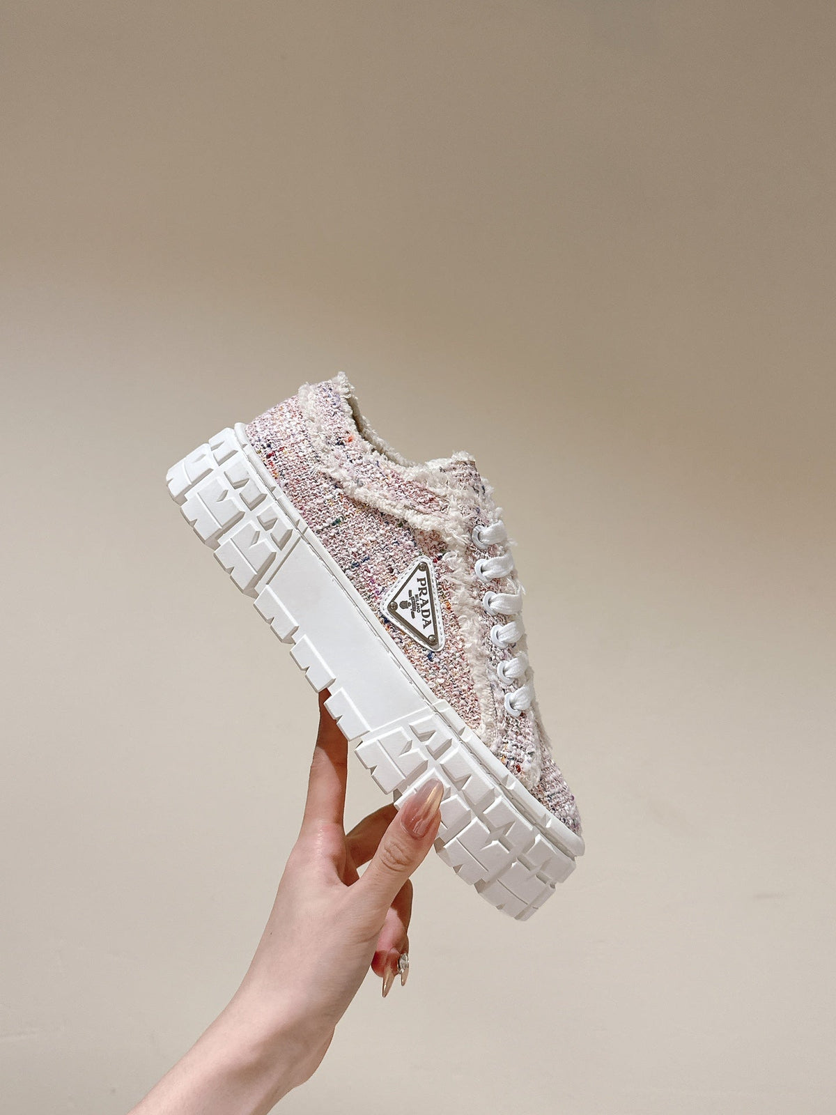 PRADA DOUBLE WHEEL RE-NYLON GABARDINE SNEAKERS ALMOND FABRIC