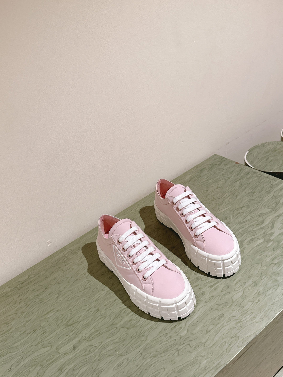 PRADA DOUBLE WHEEL RE-NYLON GABARDINE SNEAKERS PASTEL PINK CALFSKIN
