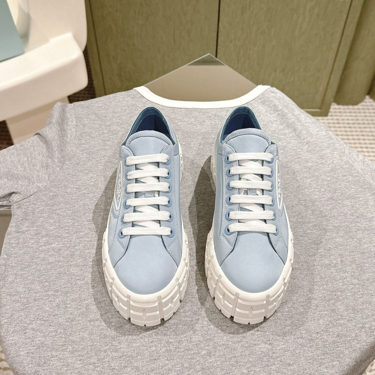 PRADA DOUBLE WHEEL RE-NYLON GABARDINE SNEAKERS SKY CALFSKIN