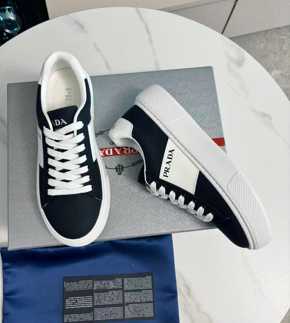 PRADA 25S LEATHER LOGO OUTLET SNEAKERS BLUISH BLACK CALFSKIN