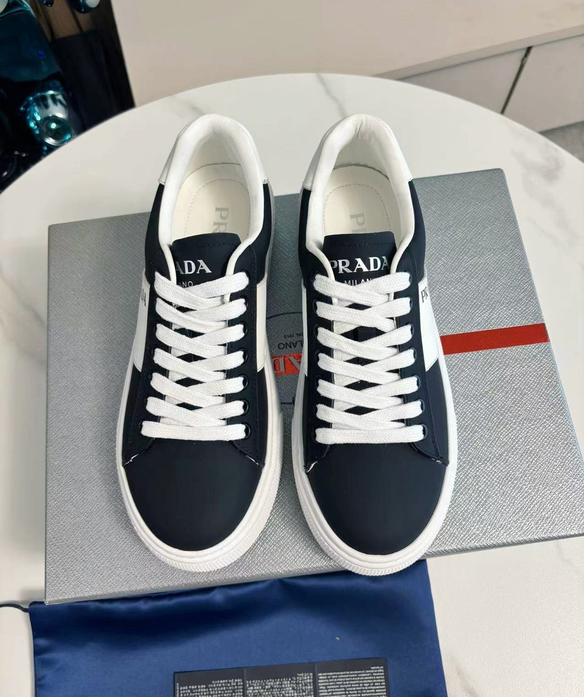 PRADA 25S LEATHER LOGO OUTLET SNEAKERS BLUISH BLACK CALFSKIN