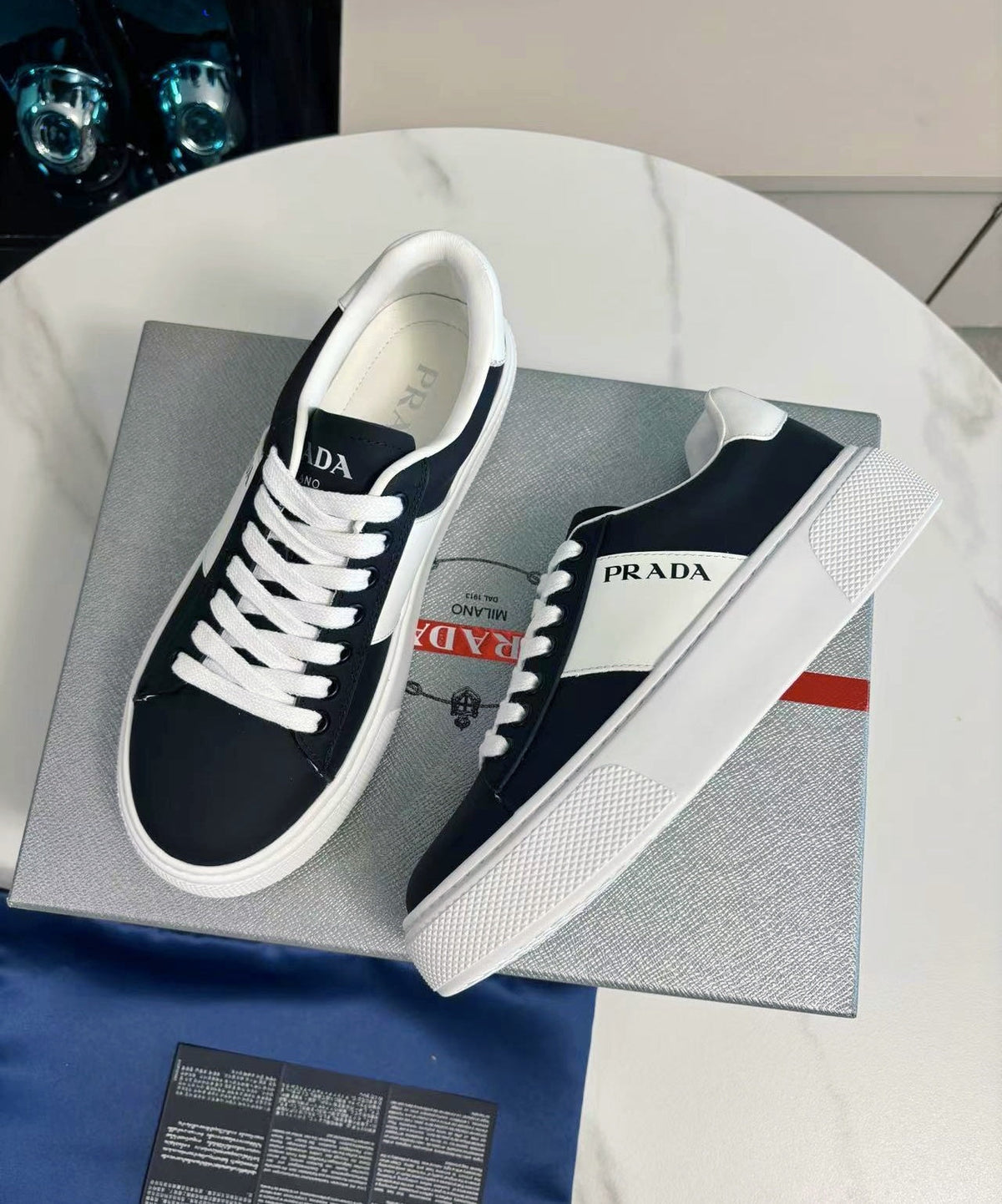 PRADA 25S LEATHER LOGO OUTLET SNEAKERS BLUISH BLACK CALFSKIN