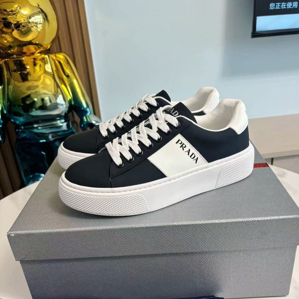 PRADA 25S LEATHER LOGO OUTLET SNEAKERS BLUISH BLACK CALFSKIN