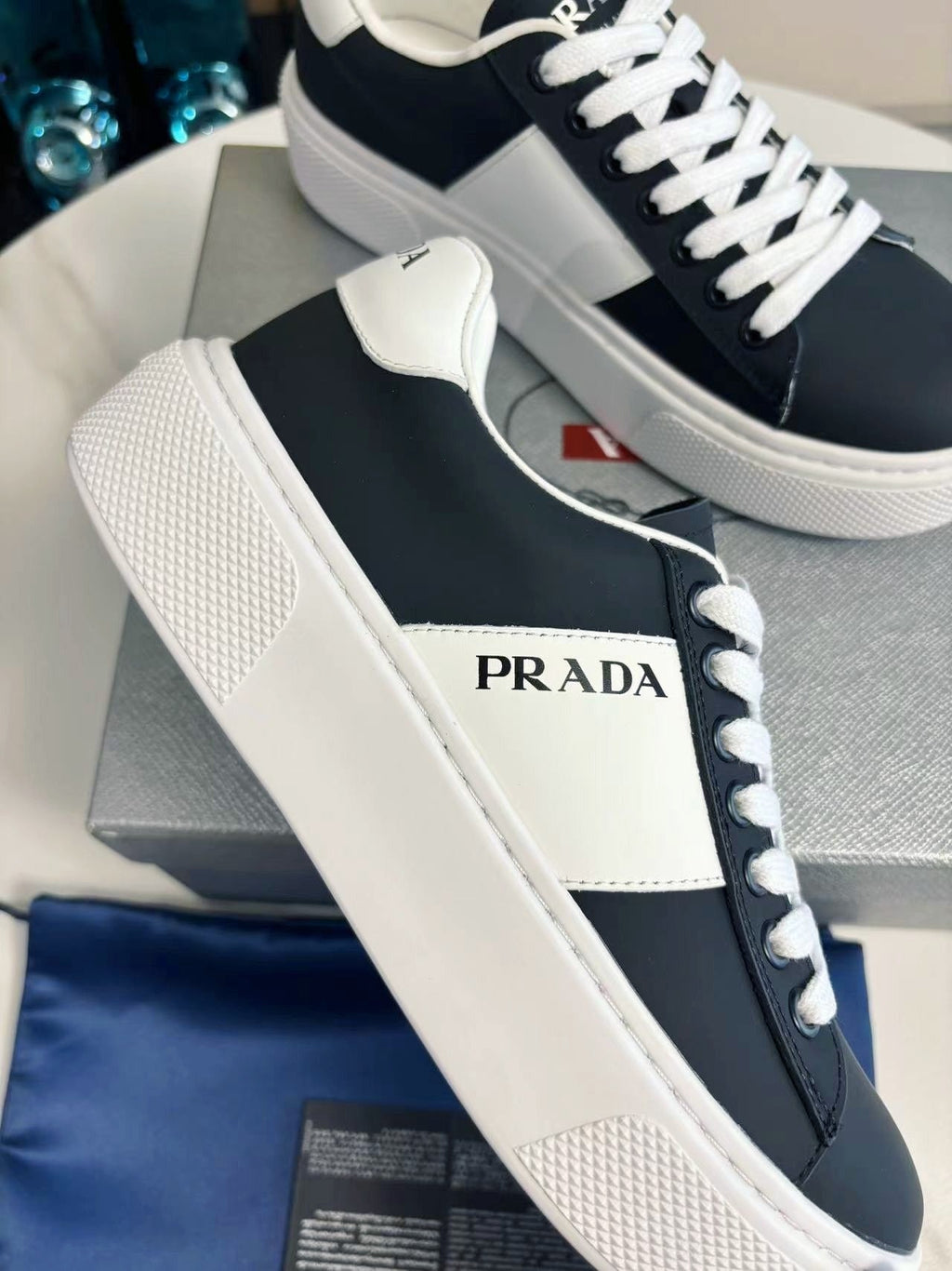 PRADA 25S LEATHER LOGO OUTLET SNEAKERS BLUISH BLACK CALFSKIN